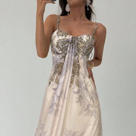 Khaki Elegant Women's Floral Print Color Maxi Slip Dress - Picture 6 of 6